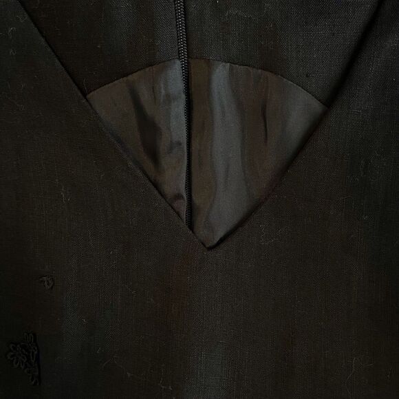 British Khaki Dress Size 4 Black 100% Linen V Neck Lined Knee Length Sheath - Picture 6 of 11